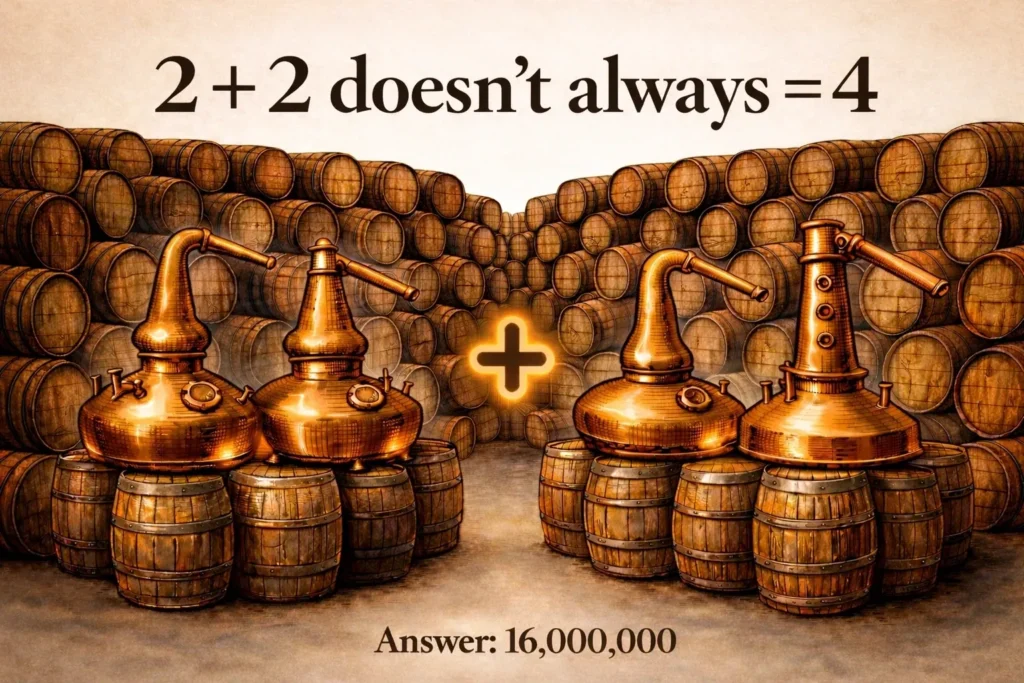 Distillery stills, barrels, and math puzzle