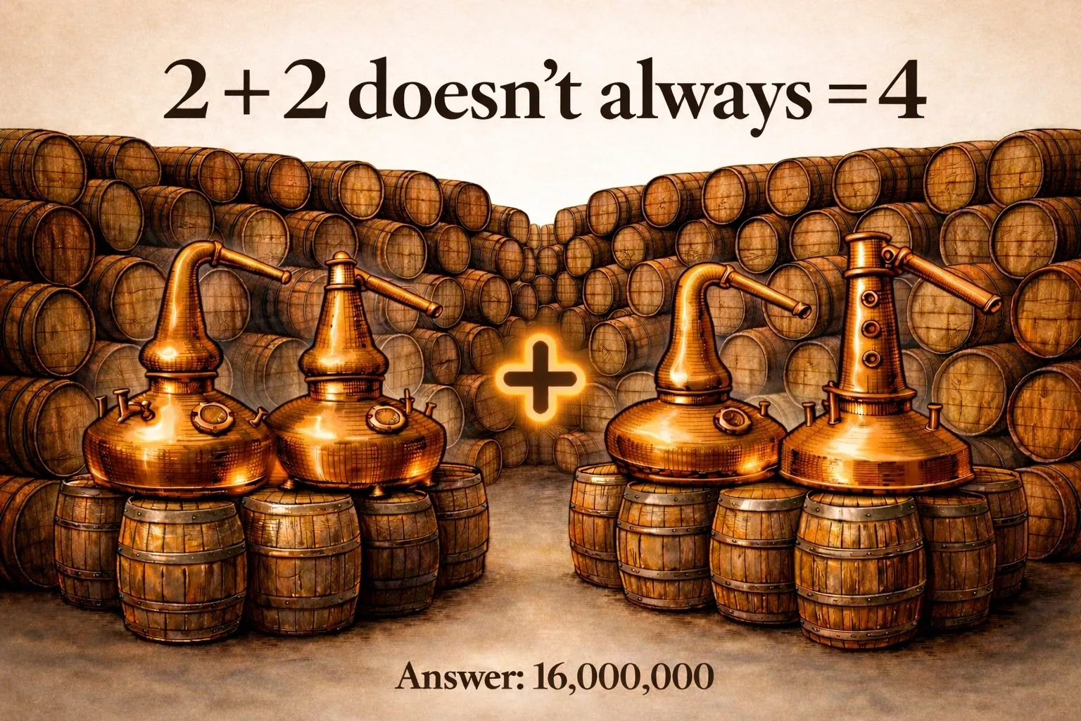 Distillery stills, barrels, and math puzzle