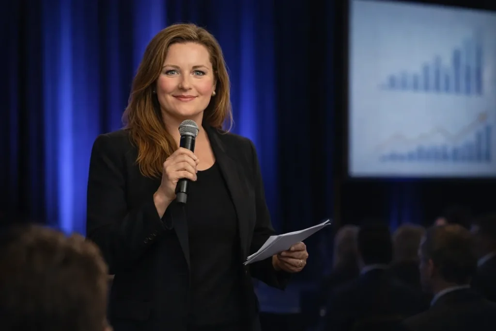 Female presenter holding microphone at conference