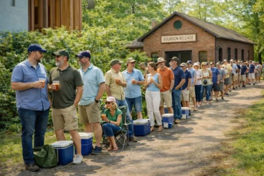 People lined up outdoors holding drinks