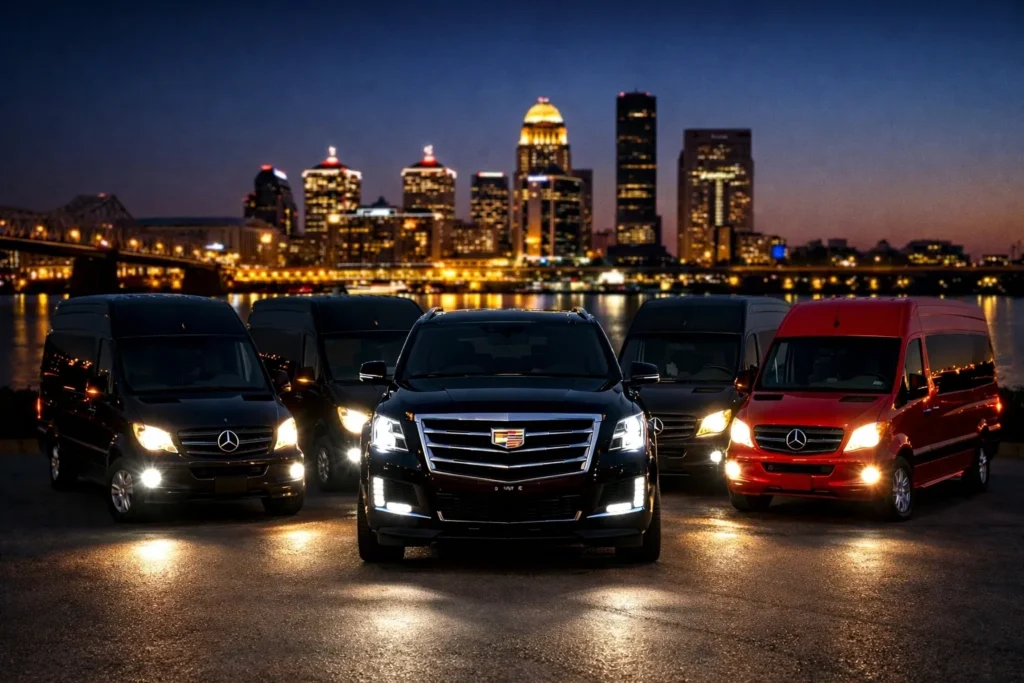Luxury fleet: Cadillac and Mercedes vans at night