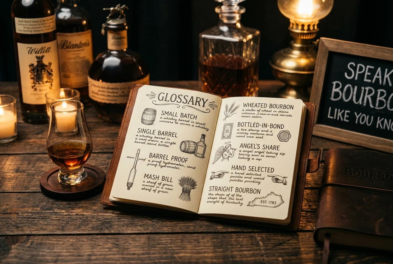 Open bourbon glossary book beside whiskey glass