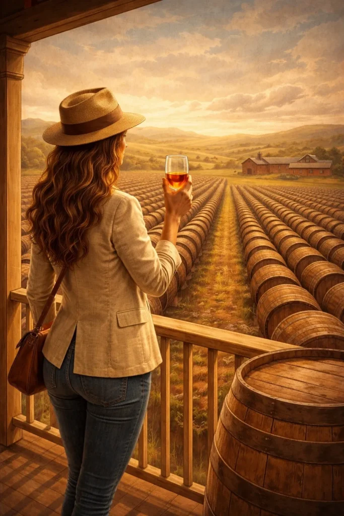 Woman with wine glass overlooking vineyards and barrels