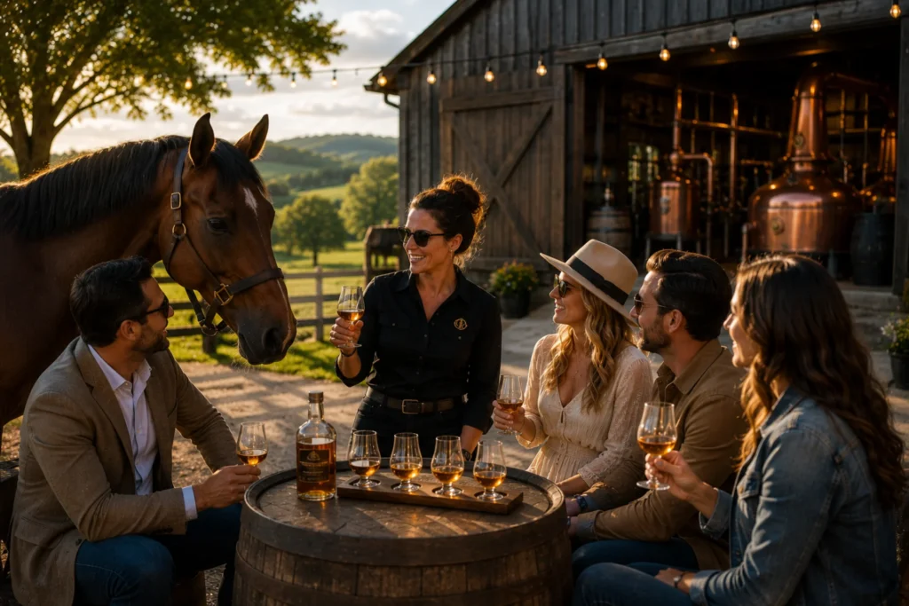 Group whiskey tasting at distillery with horse