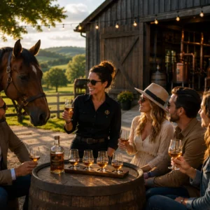 Group whiskey tasting at distillery with horse