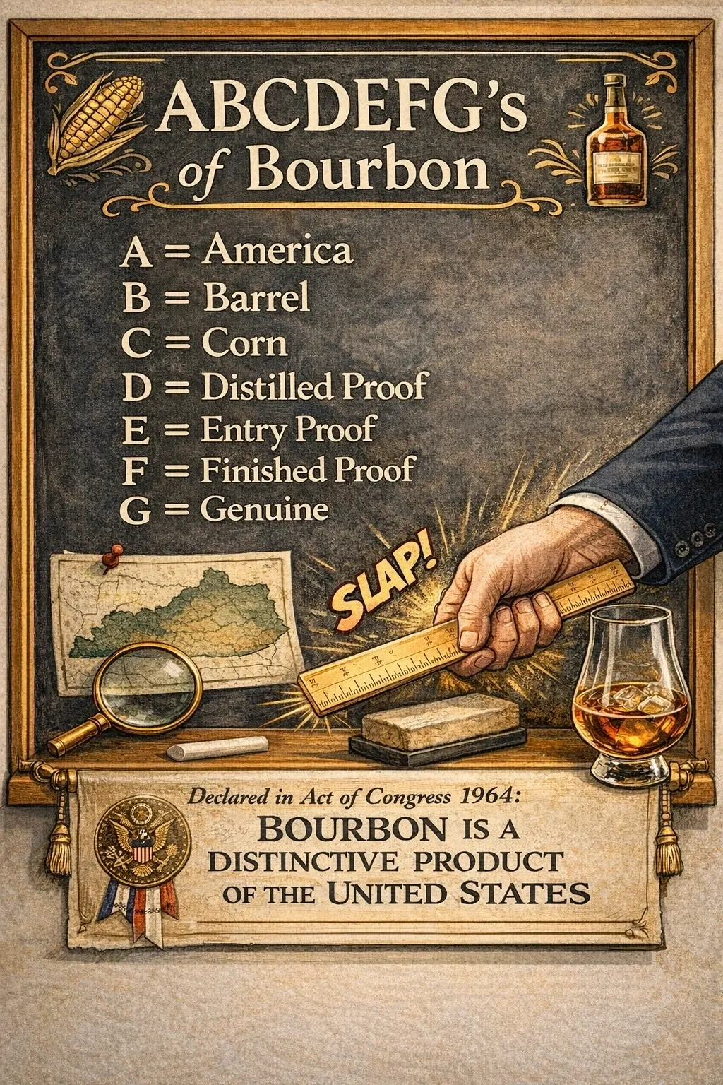 Vintage bourbon ABC chalkboard poster with glass