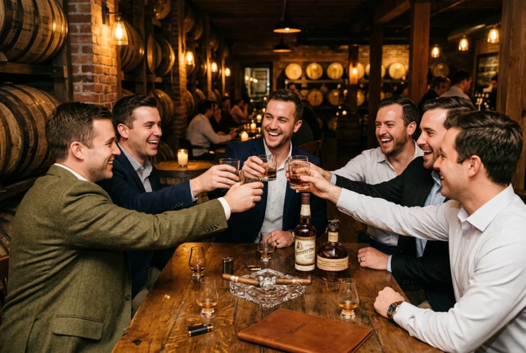 Group of men toasting whiskey in barrel room