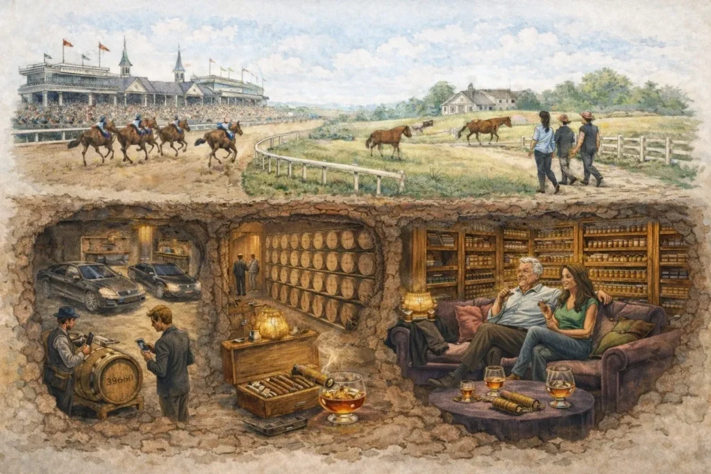 Horse racing above bourbon cellar and tasting lounge