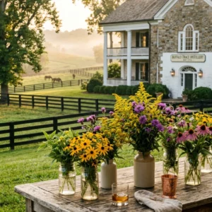 Rustic table with wildflowers overlooking stone farmhouse