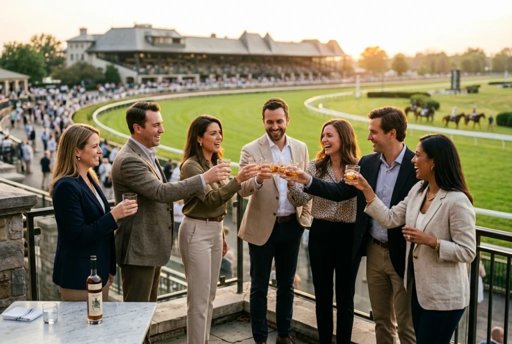 Group of friends toasting at horse racetrack
