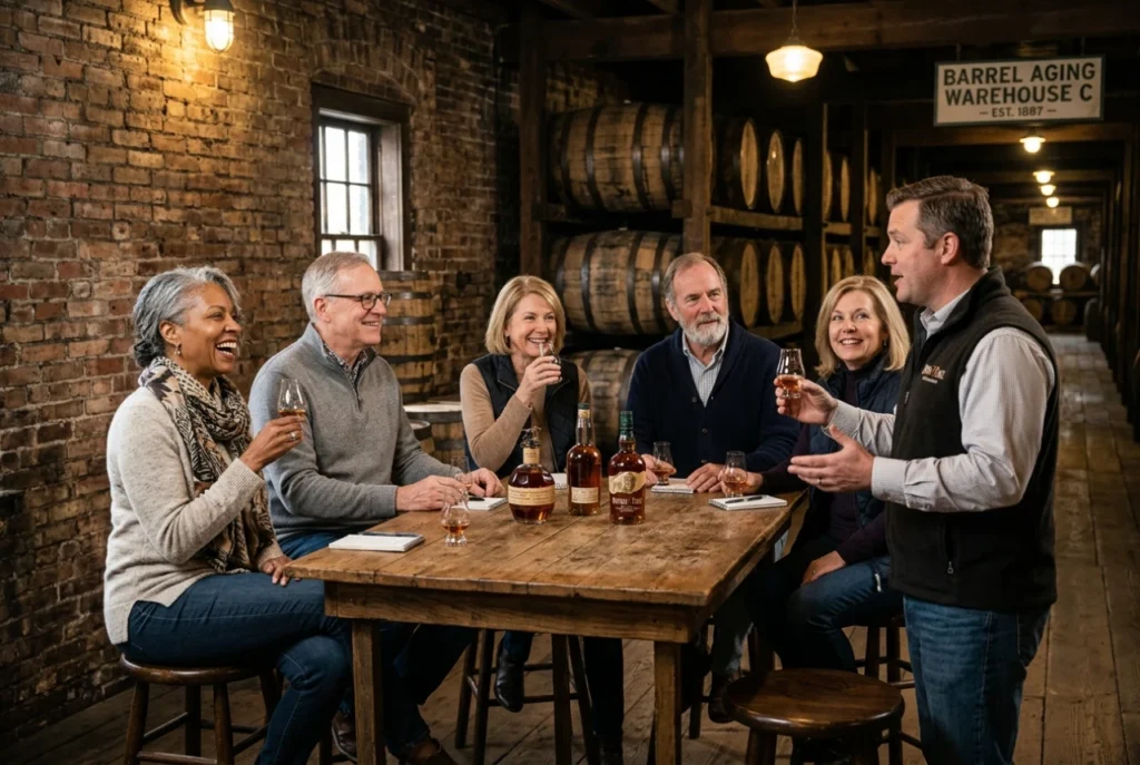 Group tasting bourbon in barrel room