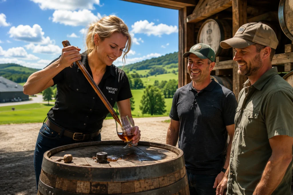 Woman sampling spirits from barrel while men watch