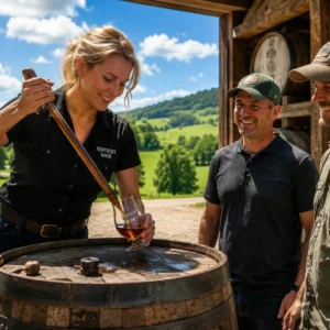 Woman sampling spirits from barrel while men watch