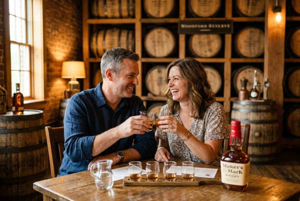 Couple tasting whiskey at distillery with Maker's Mark