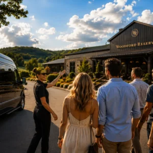 Tour group approaching Woodford Reserve distillery entrance