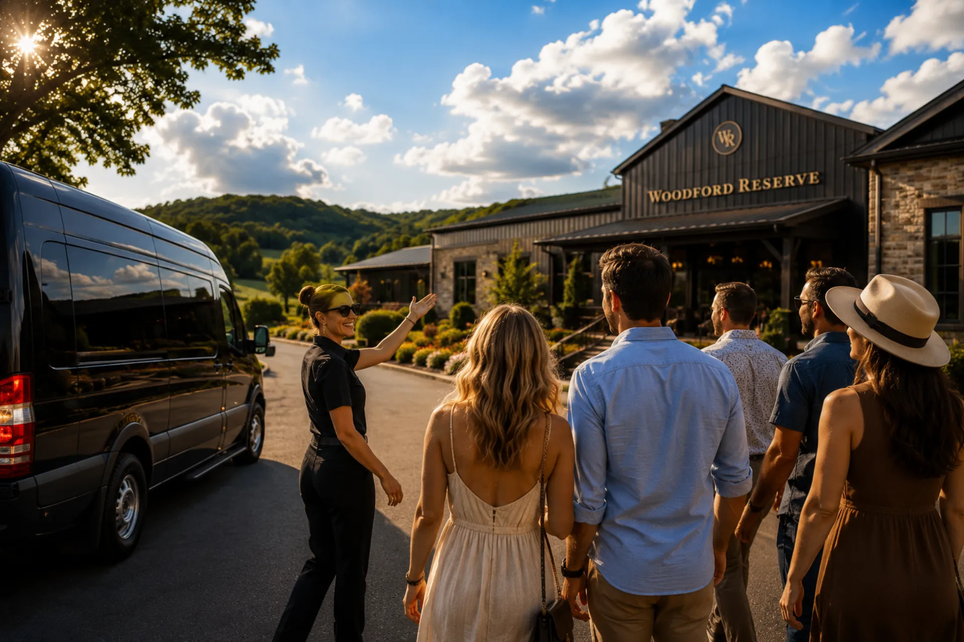 Tour group approaching Woodford Reserve distillery entrance