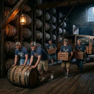 Workers rolling barrels in bourbon distillery warehouse
