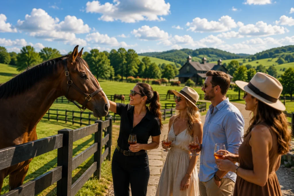 Friends holding wine glasses petting horse