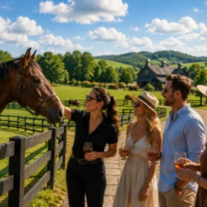 Friends holding wine glasses petting horse