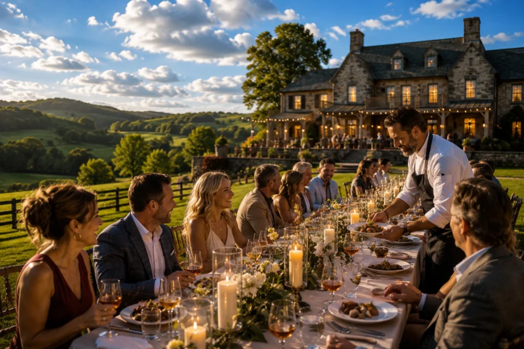 Sunset dinner party at country estate