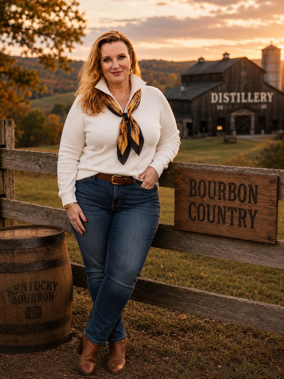 Woman leaning on fence near bourbon distillery