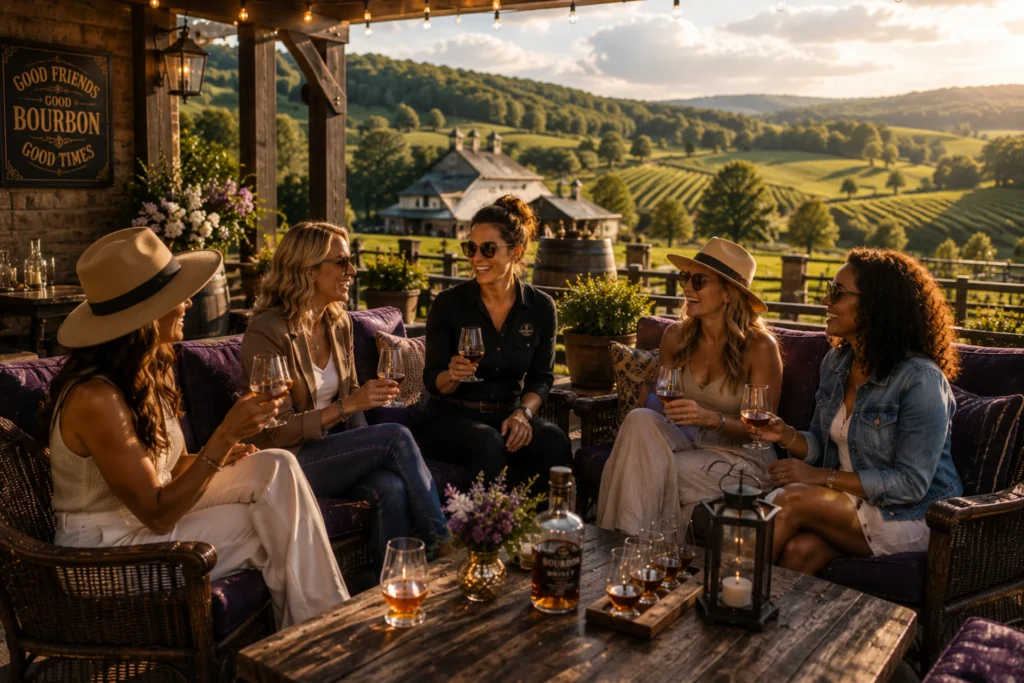 Women enjoying bourbon on vineyard patio at sunset