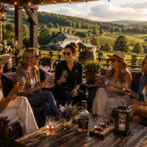 Women enjoying bourbon on vineyard patio at sunset