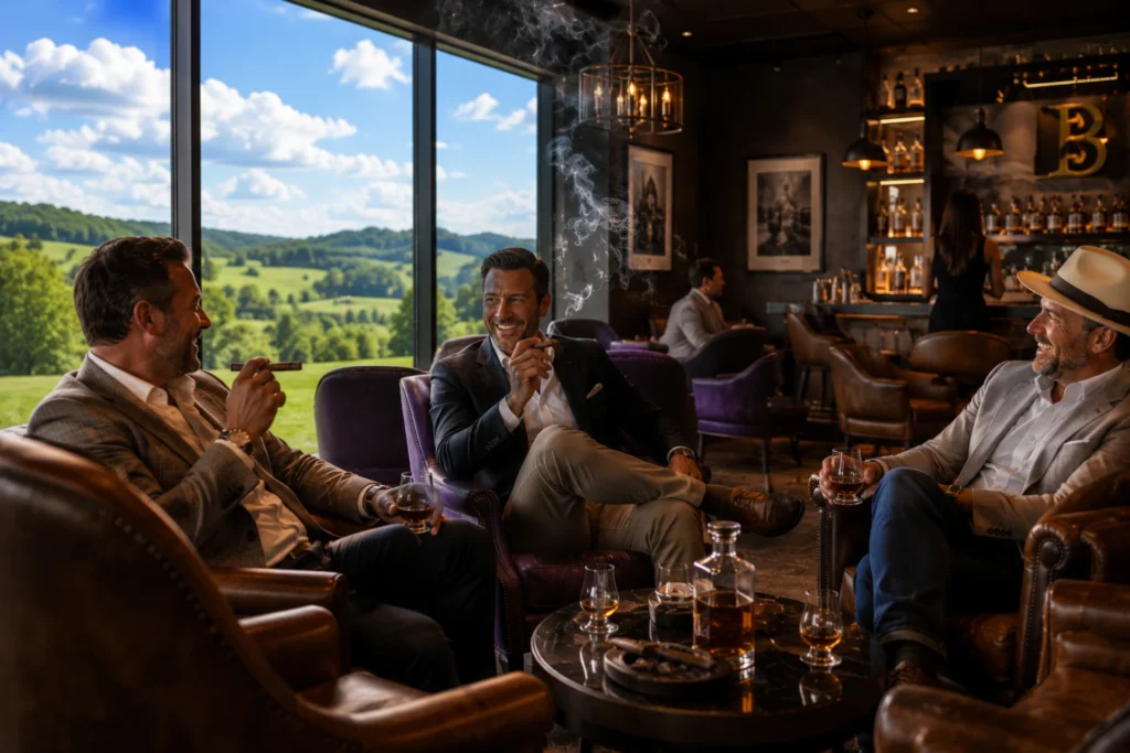 Three men smoking cigars in luxury lounge