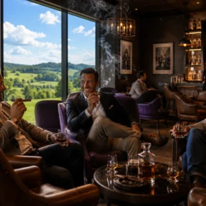 Three men smoking cigars in luxury lounge