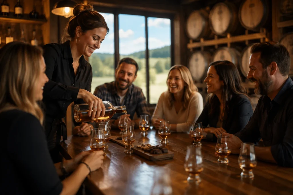 Whiskey tasting at distillery barrel room