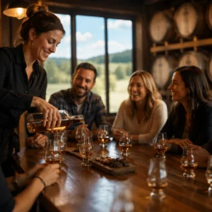 Whiskey tasting at distillery barrel room