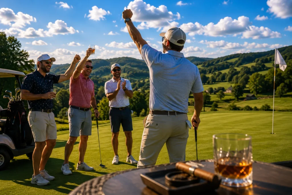 Group of golfers celebrating on picturesque course