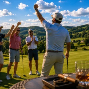 Group of golfers celebrating on picturesque course