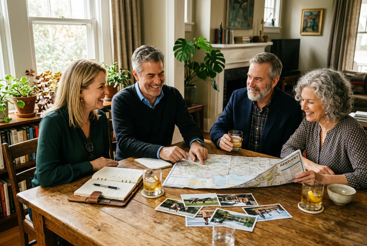 Four friends planning trip over map and photos