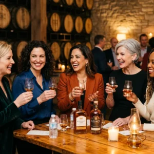 Women enjoying whiskey tasting in barrel room