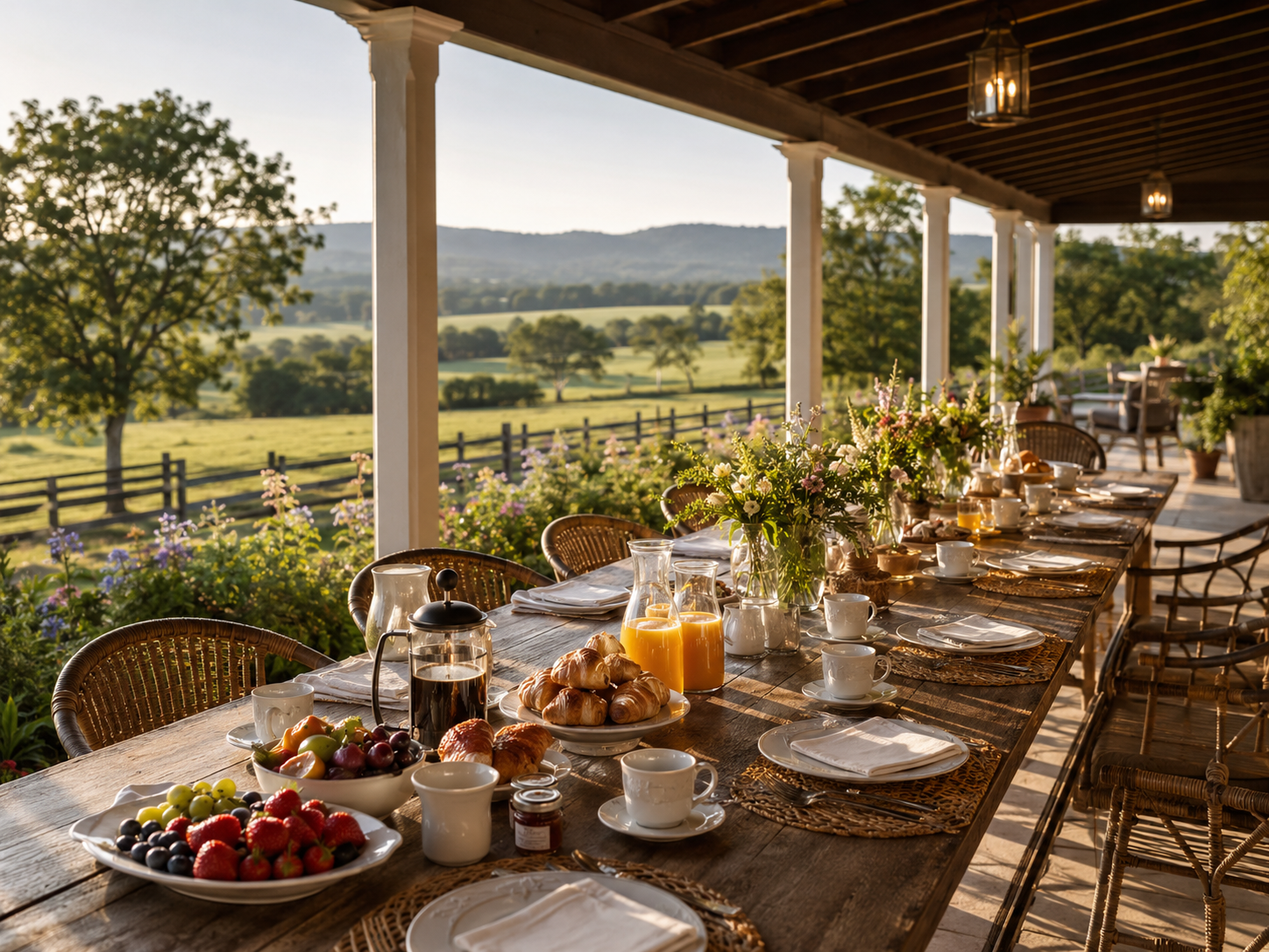 breakfast on the porch at Belveaux Station at Wild Flower Ranch