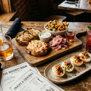 Charcuterie board, deviled eggs, cocktails on table