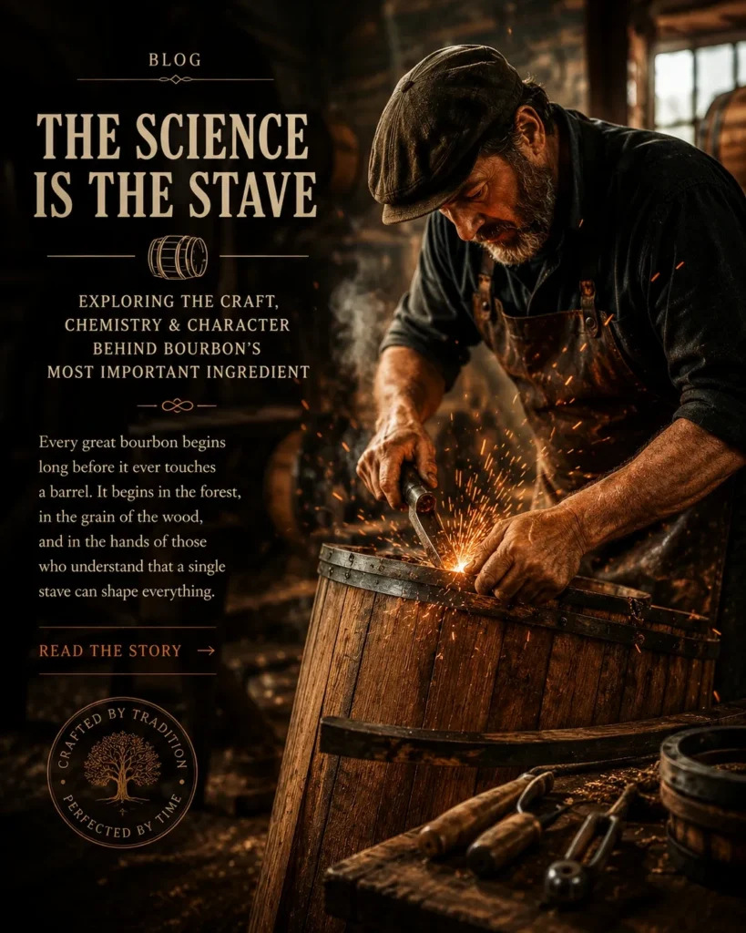 Cooper shaping a wooden bourbon barrel with sparks