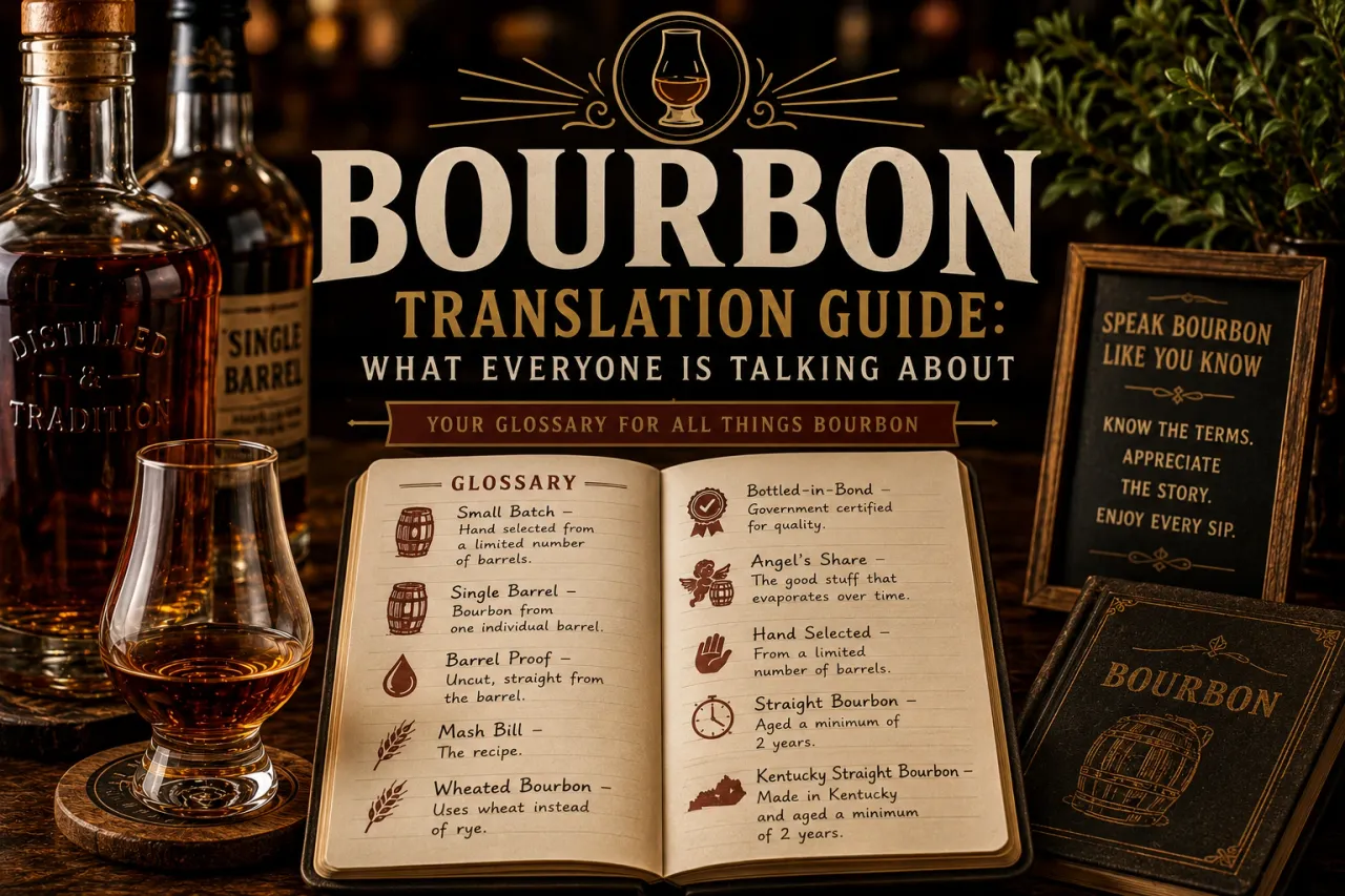Bourbon translation guide with bottles and glass