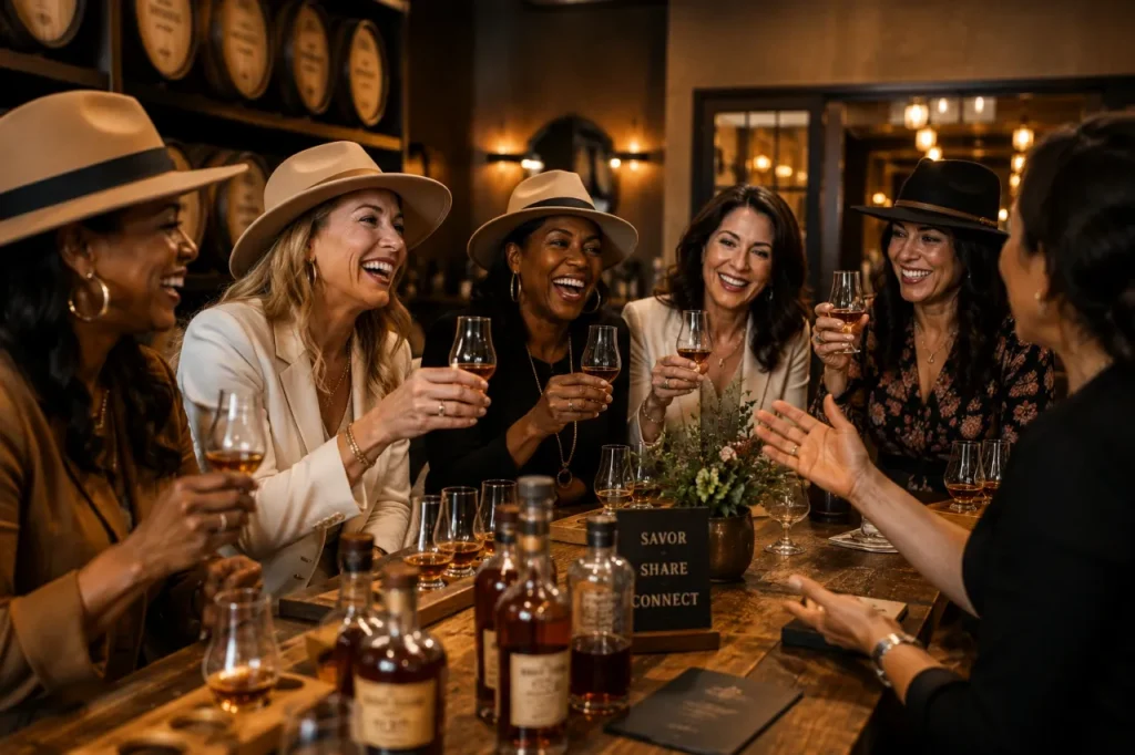 Women tasting whiskey and laughing at bar