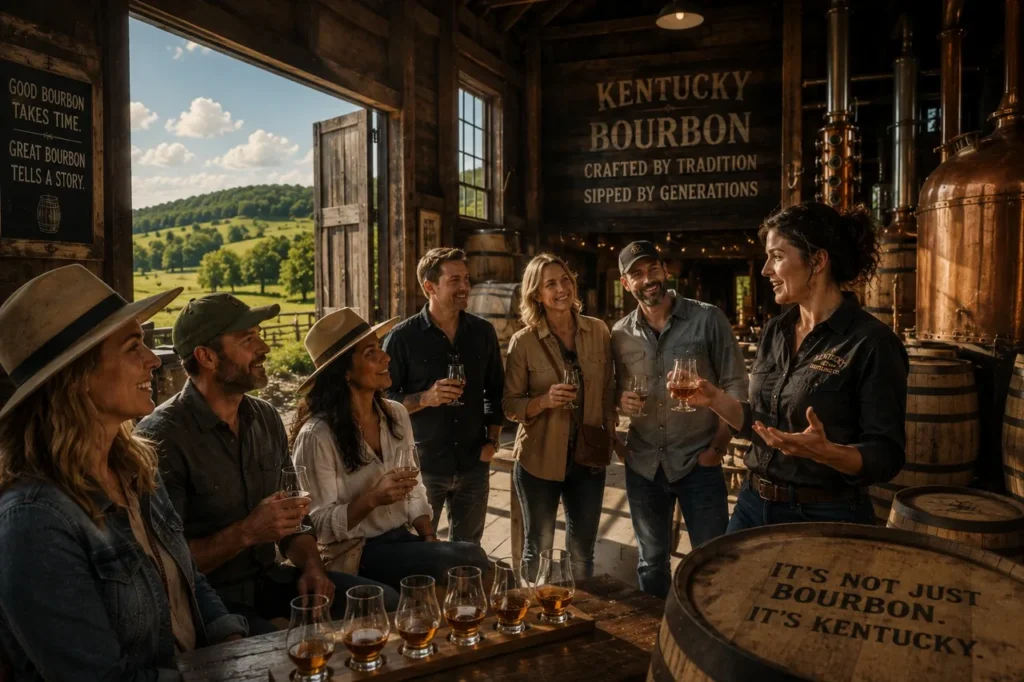 Guests enjoying bourbon tasting at Kentucky distillery