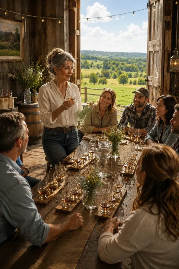 Woman leading wine tasting in rustic barn