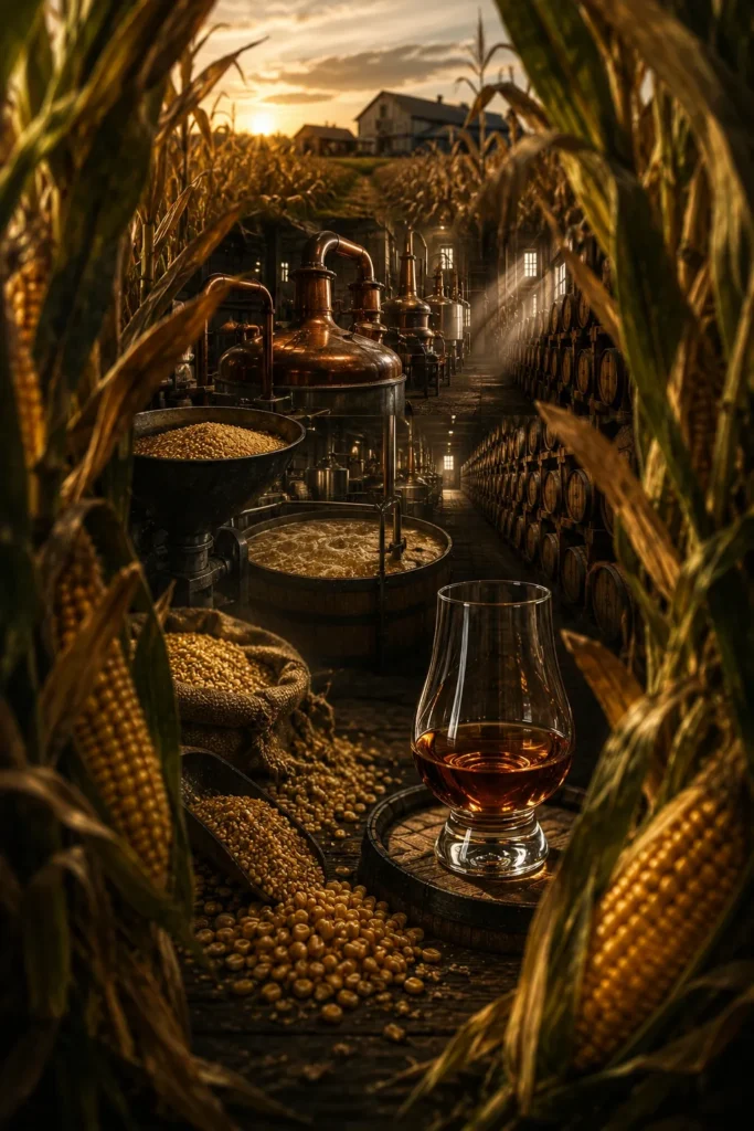 Whiskey glass in distillery framed by corn