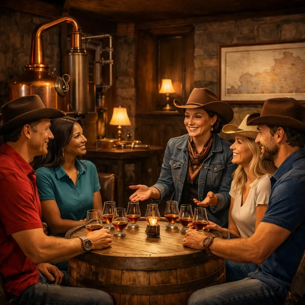 Friends tasting whiskey at rustic distillery